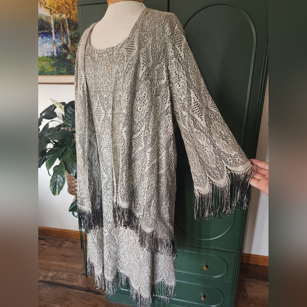 Wendye Chaitin Onyx Nite Fringe Sleeveless Flapper Dress Sweater Set Lurex